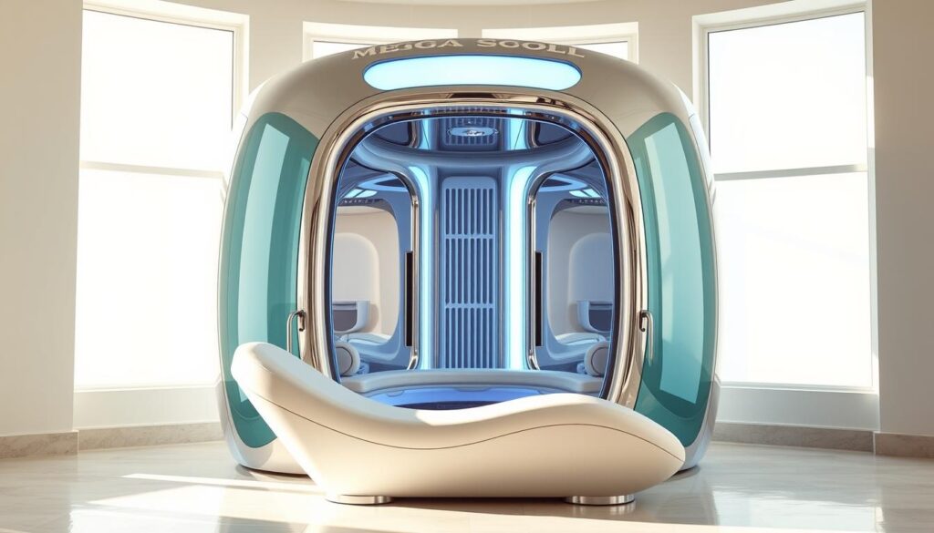 A sleek, futuristic Mega Sol tanning booth stands in a bright, airy space. Gleaming chrome and glass panels reflect the natural light streaming in from large windows, creating a clean, modern aesthetic. The booth's curved design and ambient lighting evoke a sense of relaxation and well-being. In the foreground, a plush, white lounger invites users to recline and bask in the warm glow of the precisely calibrated UV lamps. The overall atmosphere is one of sophistication and wellness, setting the stage for an invigorating and rejuvenating tanning experience.