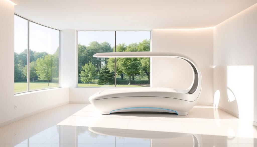 A sleek, minimalist interior with a central, state-of-the-art Mega Sol sunbed. Bright, indirect lighting illuminates the clean, white walls and polished floors, creating a refreshing, modern ambiance. The sunbed features a curved, ergonomic design with advanced UV technology, inviting users to indulge in a convenient, personalized tanning experience. In the background, a large window offers a view of a lush, verdant landscape, blending the indoor and outdoor spaces. The overall composition conveys a sense of innovation, efficiency, and well-being, reflecting the latest advancements in solarium technology.