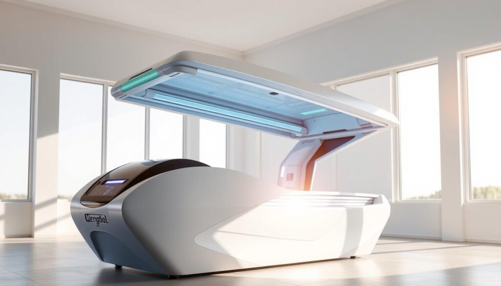 A sleek, state-of-the-art Ergoline solarium stands in a bright, minimalist space. Sunlight streams through large windows, casting a warm glow over the clean, modern design. The solarium's smooth, angular exterior reflects the premium quality of the Mega Sol brand. Its high-tech lighting system and adjustable settings allow for a personalized tanning experience. In the foreground, the solarium's curved profile invites the viewer to step inside and enjoy a luxurious, rejuvenating tanning session. The overall atmosphere exudes sophistication, efficiency, and a commitment to providing the best possible tanning solution.