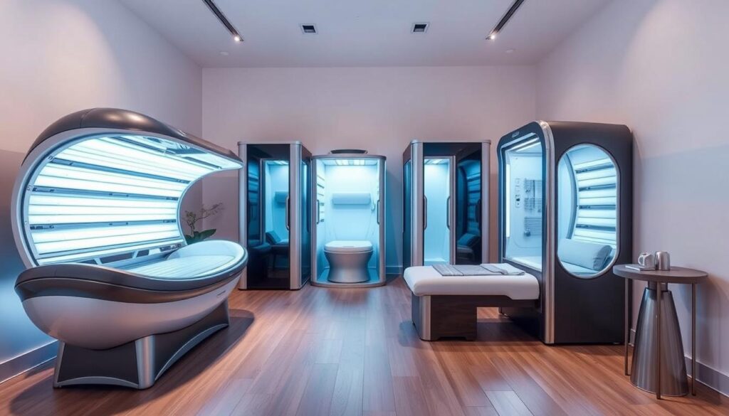 A well-lit, inviting Mega Sol studio showcases a range of personalized tanning solutions. In the foreground, a sleek, state-of-the-art tanning bed stands, its clean lines and modern design radiating an air of sophistication. The middle ground features a selection of private tanning booths, each tailored to the unique needs of the user, with adjustable lighting and controls. The background depicts a serene, minimalist space, with calm, natural hues and a sense of tranquility, creating a relaxing atmosphere for the ultimate tanning experience.