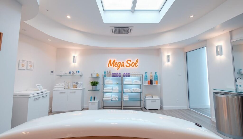 A well-lit, modern interior of a Mega Sol tanning salon. In the foreground, a pristine, white tanning bed sits invitingly, its sleek design and polished surfaces reflecting the overhead lighting. The middle ground features a neatly organized display of tanning supplies, including fresh towels, lotions, and cleaning products, all arranged with precision. The background showcases a clean, minimalist decor, with neutral tones and subtle accents that create a calming, hygienic atmosphere. Soft, diffused lighting from skylights and wall-mounted fixtures illuminates the space, lending an airy, refreshing ambiance. The entire scene conveys a sense of meticulous attention to cleanliness, safety, and customer comfort.
