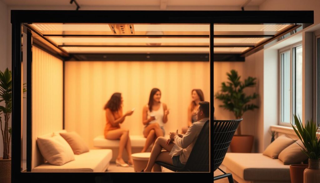 A modern, sleek Mega Sol solarium bathed in soft, warm light stands prominently in the foreground, its glossy black frame and clean lines evoking a sense of sophistication. In the middle ground, a group of young adults casually interact, their faces lit by the glow of the solarium, creating a vibrant, social atmosphere. The background features a minimalist, yet cozy lounge area with plush seating, potted plants, and a neutral color palette, further enhancing the welcoming and rejuvenating ambiance. The overall scene conveys a sense of community, self-care, and a connection to nature, perfectly capturing the "Sociala medier och gemenskap" section of the article.