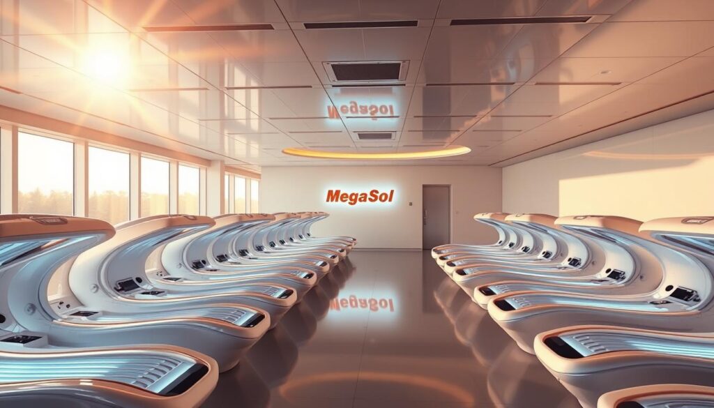 A sun-drenched, futuristic solarium with sleek, minimalist design. Rows of advanced, pod-like tanning beds are arranged in a clean, well-lit space with large windows, allowing natural light to filter in. The Mega Sol logo is prominently displayed, conveying a sense of high-tech, automated efficiency. Soft, ambient lighting creates a calming, serene atmosphere, while the absence of staff suggests an effortless, self-service experience. The environment is polished, modern, and inviting, perfectly capturing the convenience and benefits of "obemannad solning".